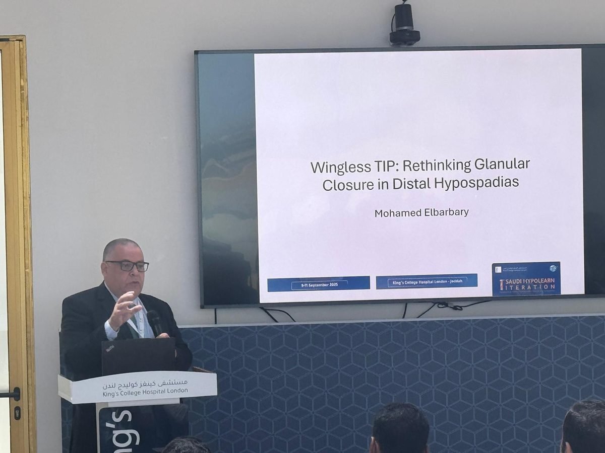 Wingless TIP hypospadias technique — Prof. El Barbary's original lecture slide at King's College Hospital London, Jeddah 2025